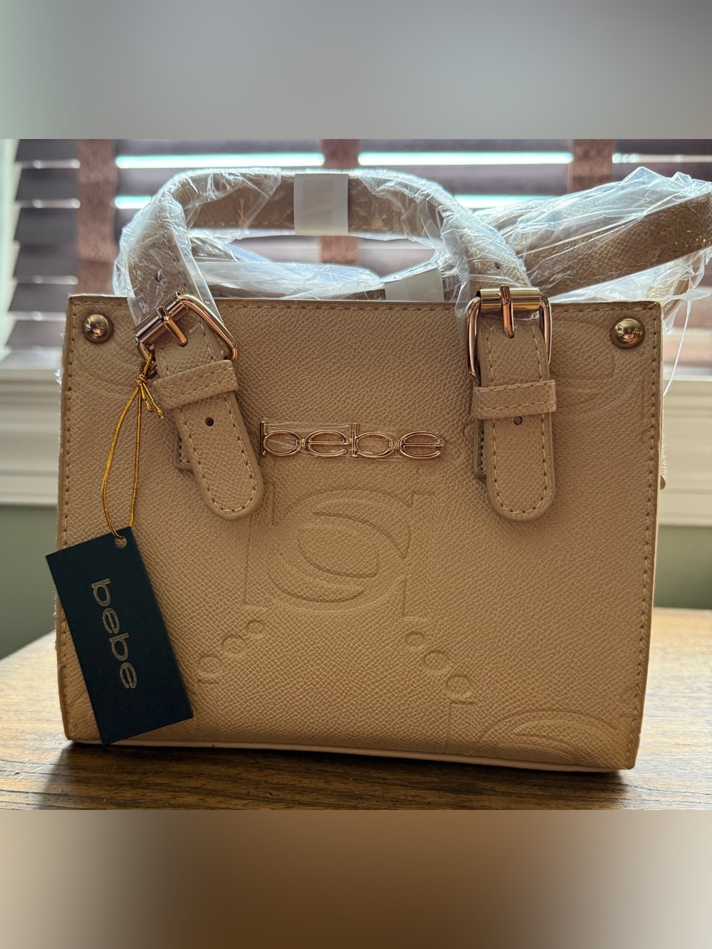 bebe Zenia Embossed Mini Satchel in Almond with Gold-Tone Accents
